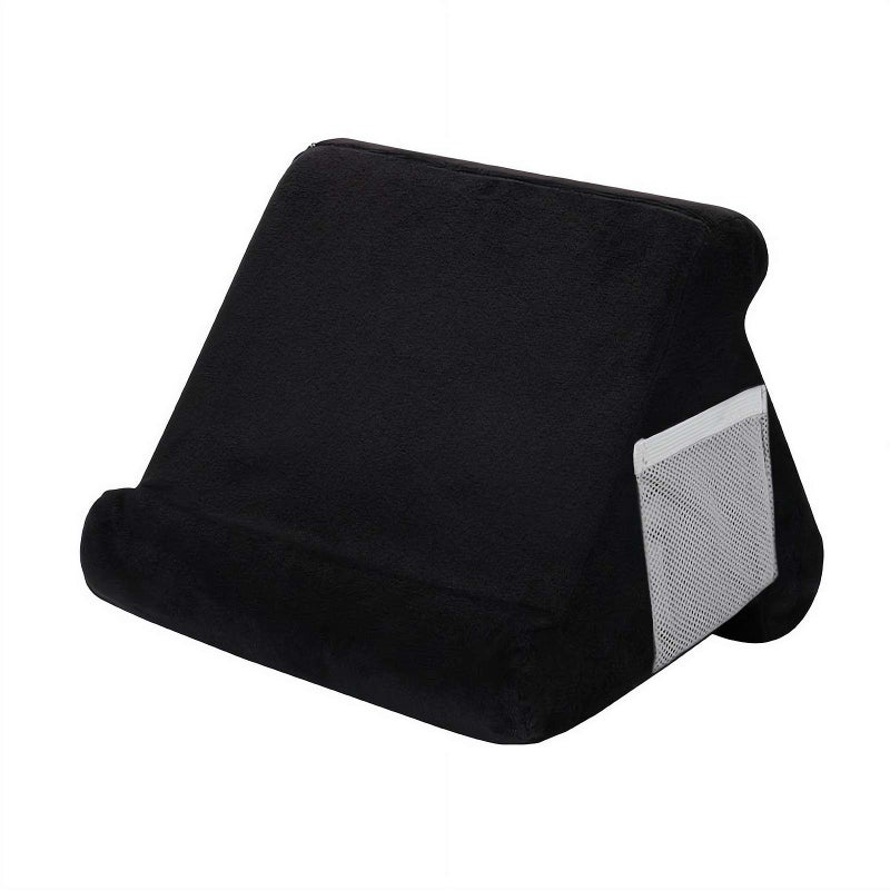 Linen-Cotton Pillow Tablet Phone Holder – Soft Foam Cushion Stand with Side Pocket, Compatible with 4-13 Inch iPad/Kindle/iPhone, Hands-Free for Home/Office/Travel (black) - Image 1